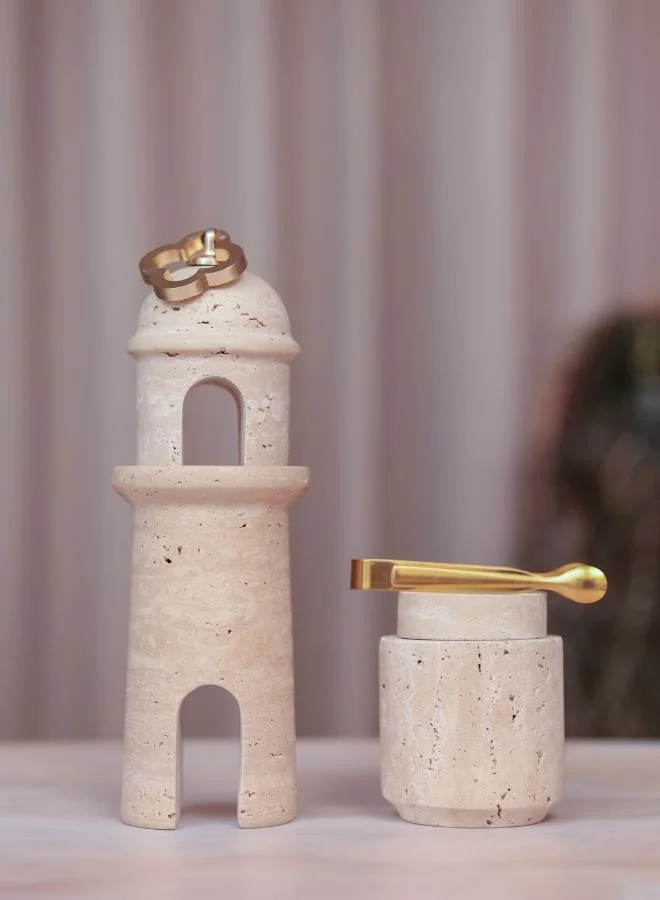 Casa Quesera  Terra Travertine Aroma Tower Bakhoor Burner Set with Storage Box and Tong by Casa Quesera  | Best Price UAE